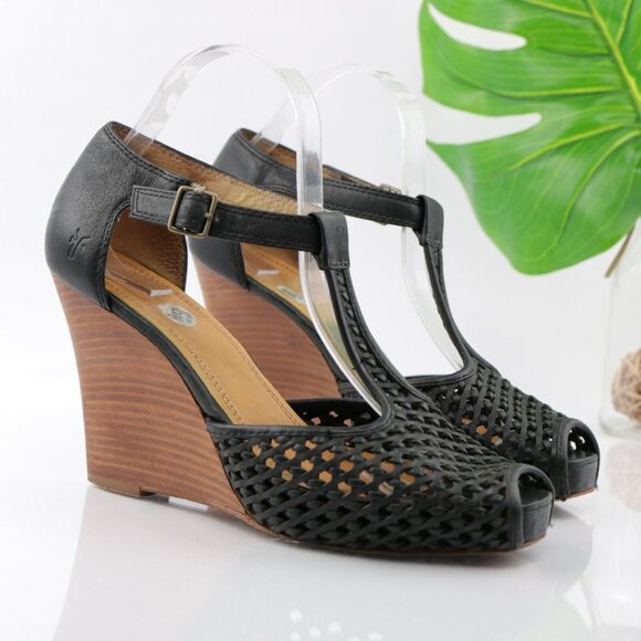 Frye Shoes - Frye Womens Gwen Sandal Size 9.5 Black Leather Woven T-Strap Wedge Heel Peep Toe